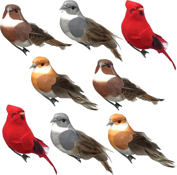 Feathered Song Bird Clip-On Christmas Ornaments - Set of 8 Assorted Styles of Birds with Metal Clips - Cardinals Orioles Finches and Chickadees - 4" L