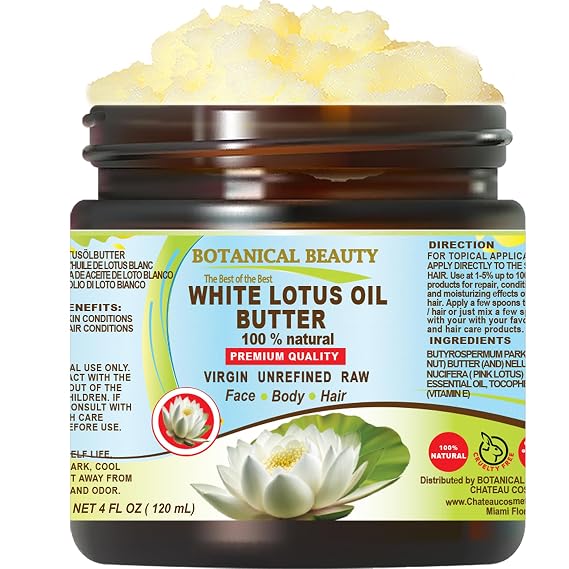 Botanical Beauty WHITE LOTUS OIL BUTTER 100% Natural. White Lotus Essential Oil in Shea Nut Butter for FACE, SKIN, BODY, HAIR, NAILS. Beauty Skin Moisturizer Oil Butter (4 Fl Oz)