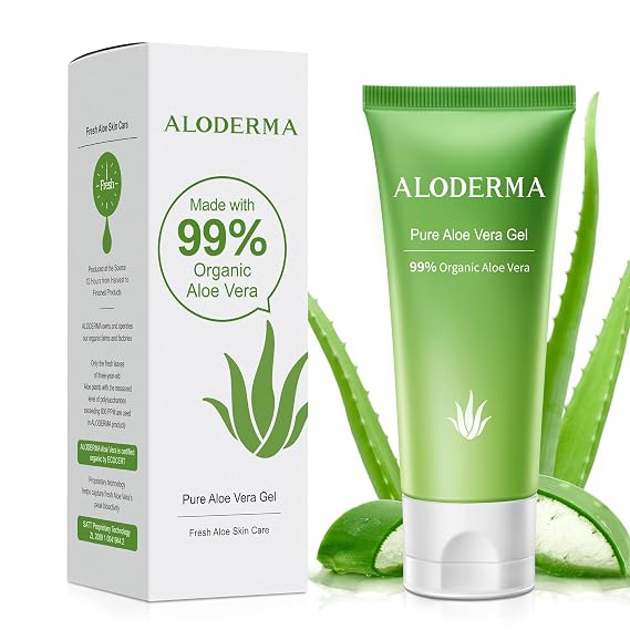 Aloderma Travel Size Aloe Vera Gel Made within 12 Hours of Harvest with 99% Pure Organic Aloe Vera for Body, Face, Scalp - Hydrating & Soothing Gel for After Sun Care - 1.5oz Squeeze Tube