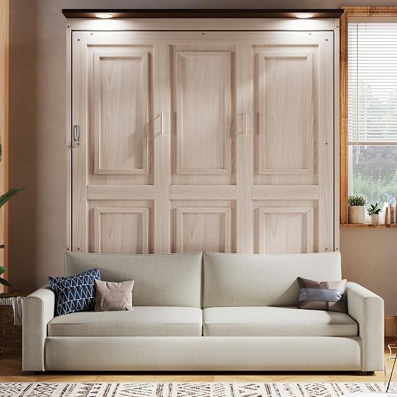 Queen Size Murphy Bed with Sofa and LED, Beige