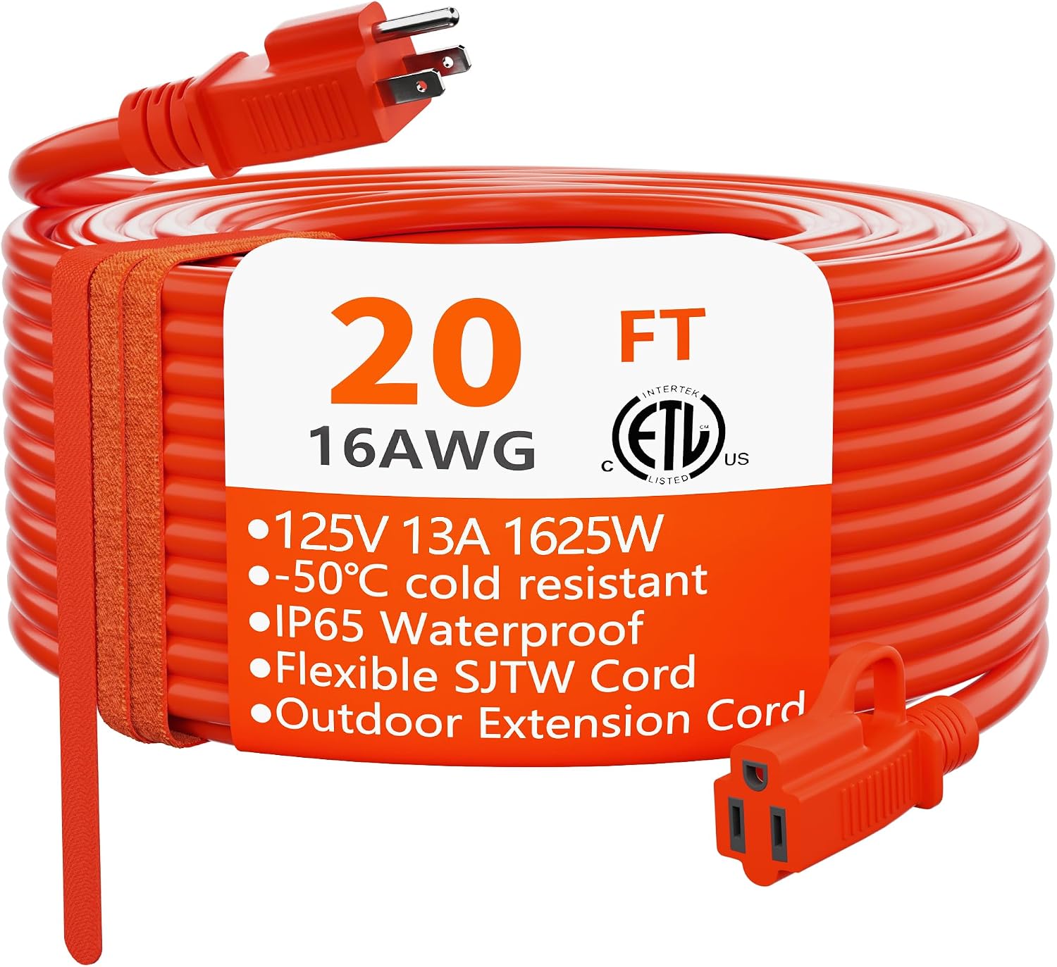 HUANCHAIN Indoor Outdoor Extension Cord 20 ft Waterproof, 163 Gauge Flexible Cold-Resistant Appliance Extension Cord Outside, 13A 1625W 16AWG SJTW, 3 Prong Heavy Duty Electric Cord Orange, ETL
