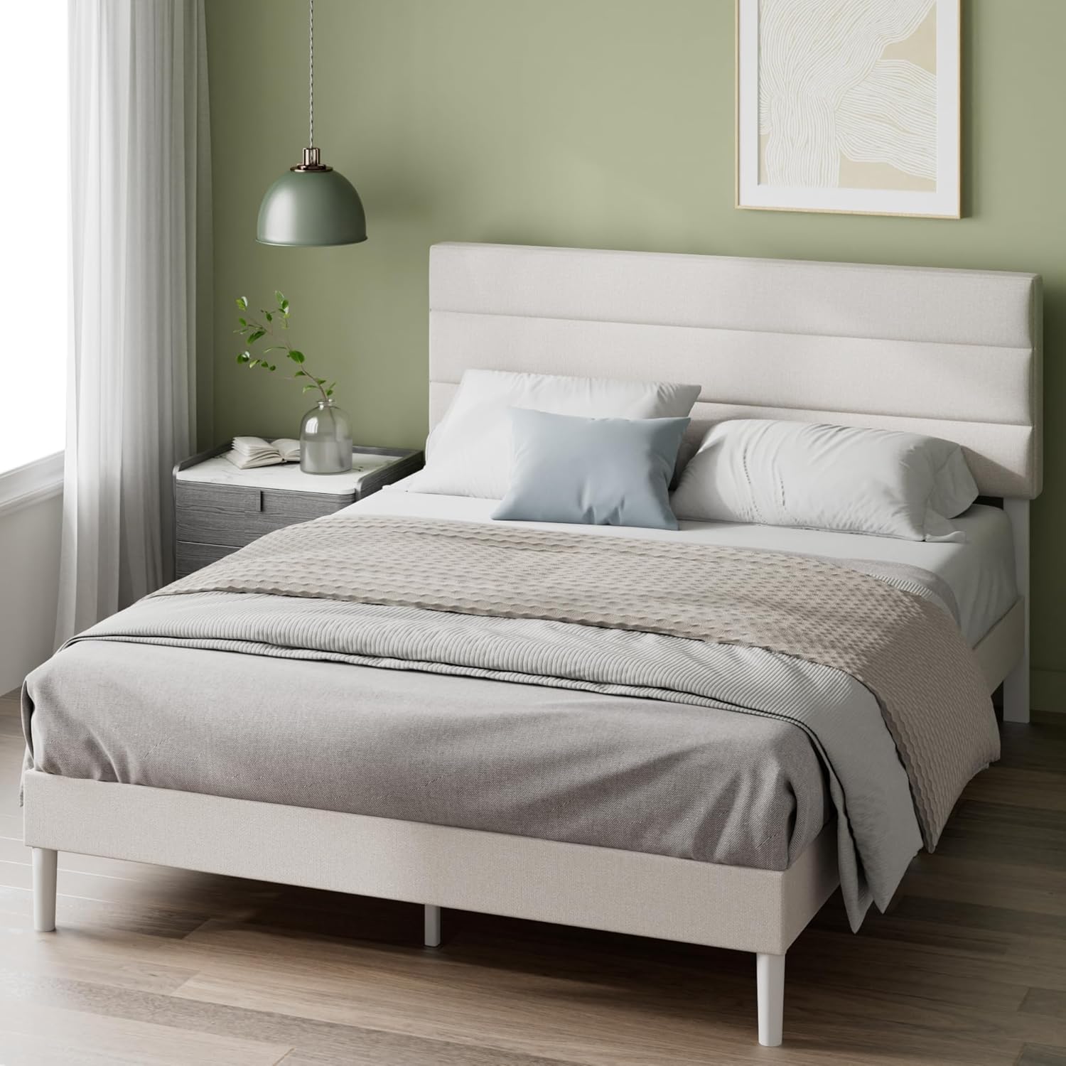 Zinus Piper King Upholstered Bed Frame with Headboard 150 x 200 cm – Fabric Bed Frame with Wooden Slat Support, Easy Assembly – Off White