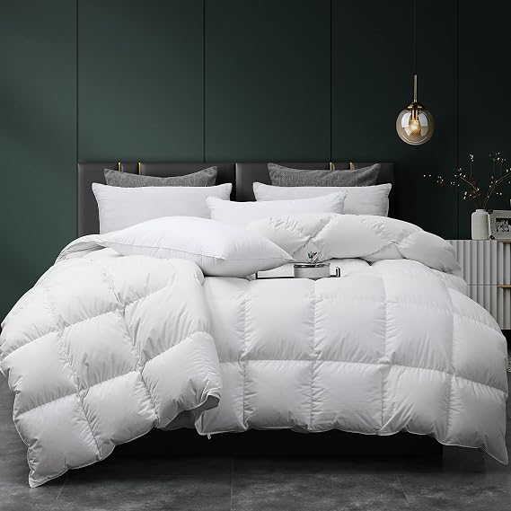 Three Geese Luxury Down Feathers Fiber Comforter King Size - 750 Fill Power All Season Down Duvet Insert, Ultra-Soft Hotel Collection White Comforter, Baffle-Box Design - Noiseless