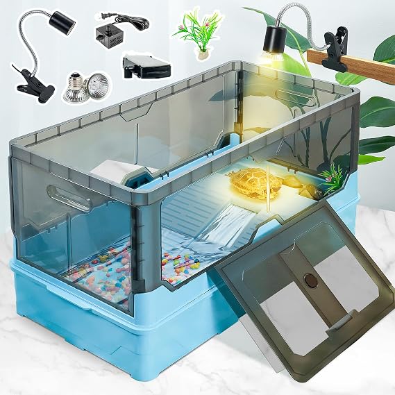 18.1x9.9x9.1 Turtle Tank Kit with Heat Lamp, Filter & Wheels Blue | Aquatic turtle habitat with wheels for moving the tank. Anti-escape lid. Fits small turtles, hermit crabs & frogs