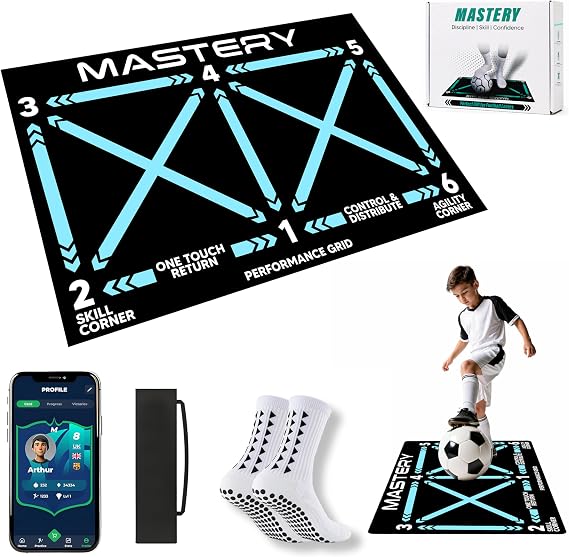 Football Training Mat with Mastery APP -Soccer Mastery Skills Footwork Mat 90x60cm Football Gifts for Boys | Pro Dribble Ball Control & Stress Relief Games for Kids Girls