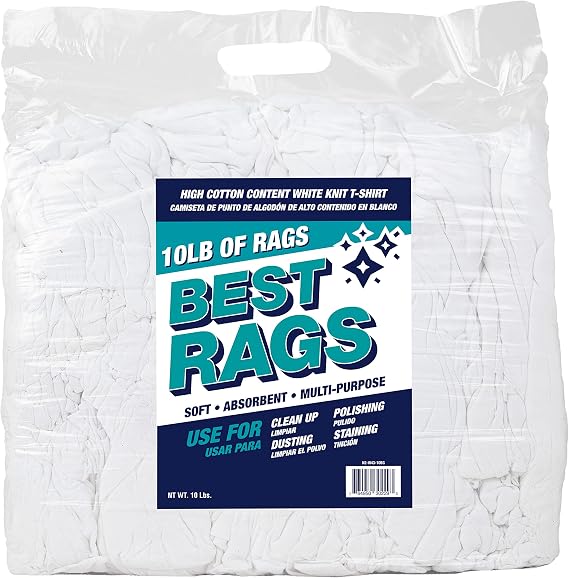Arkwright Premium T-Shirt Rags Bulk, 10 lb Bag, Cotton Cleaning Towels, Low Lint Knit Wiping Cloths for Paint, Stain, Grease, Shop and Auto Use, Quick Dry Machine Washable, White