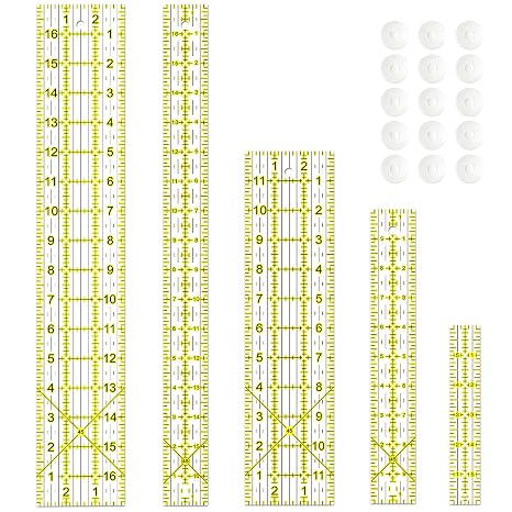 Sewing Ruler,5 Piece Quilting Rulers,3 x17 Inch,1.5 x17 Inch,3 x12 Inch,1.5 x10 Inch,1 x6 Inch,Acrylic Ruler,Cutting Ruler with Non-Slip Rings (Yellow)