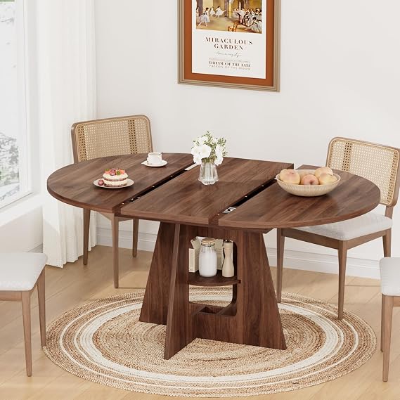 4359'' Round Extendable Dining Table Seats 48, Modern Oval Kitchen Table with Storage Shelf for Kitchen Living Room Apartments Family Meals, Walnut