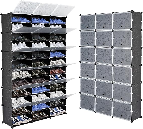 Portable 12-Tier Shoe Cabinet - 72-Pair Shoe Storage with Covers - Expandable Free Standing Tower Shelf for Heels, Boots, Slippers - Black