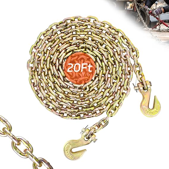 1/4" Tow Chain | WLL 3,300 Lbs | 20FT High Strength Chain G80 Heavy Duty Log Chain with Clevis Grab Hooks for Towing | Trailer Transport Safety Chain for Truck Tie Down Binding Equipment