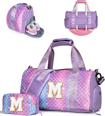 Gifts for 3 4 5 6 7 8 9 10 Year Old Girls-Girl Gym Bag with Shoe Compartment, Kid Personalized Weekender Overnight Bags, Initial Travel Tote with Makeup Pouch, Gift Ideas for Kids Letter M