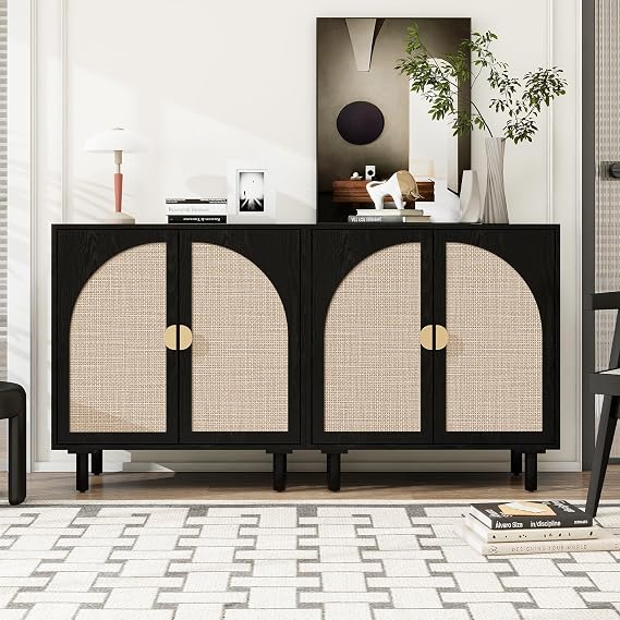 2 Set Sideboard Buffet Kitchen Storage Cabinet ,2 Doors Rattan Cabinet and Adjustable Shelves, Cupboard Console Table, Accent Cabinet, Suitable for Dining Room,Living Room,Kitchen,Study,Entryway