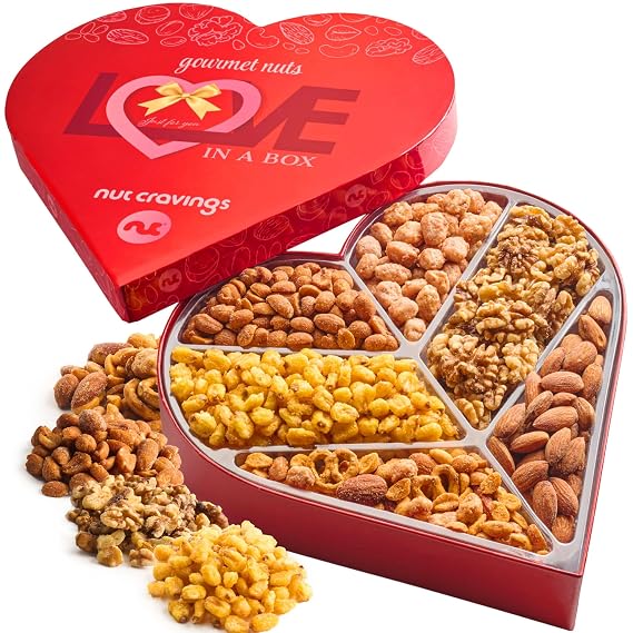 NUT CRAVINGS Heart Shaped Mixed Nuts Gift Basket, Love Box, 6 Assortments