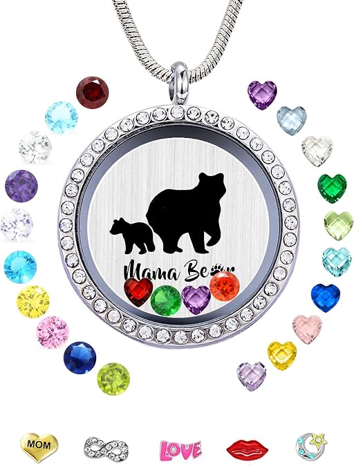 GOKING Mama Bear Charms Floating Living Locket Pendant Necklace for Women