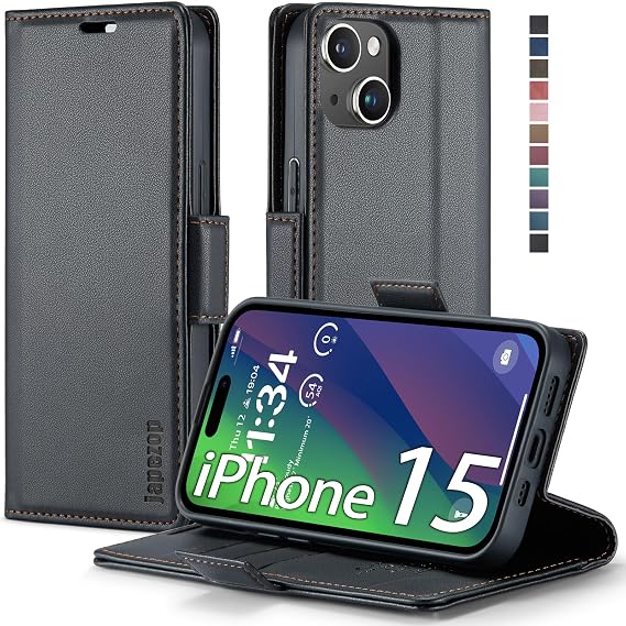 japezop iPhone 15 5Gケース iPhone 15 5G ウォレットケース RFIDブロック カードホルダー キックスタンド マグネット レザー フリップケース ウォレット iPhone 15 5G 6.1インチ用 ファッションブラック