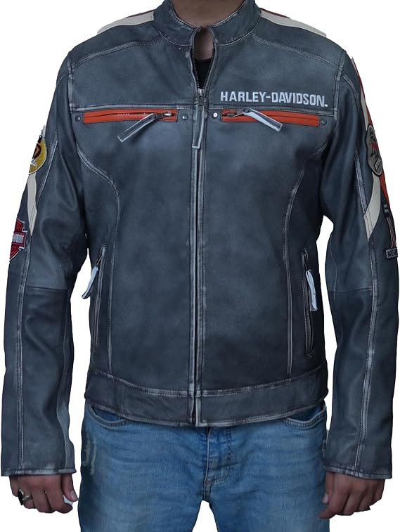 Mens Vintage Harley 120th Anniversary Biker Leather Jacket | H-D Retro Motorcycle Triple Moto Vent Harley Jacket For Men