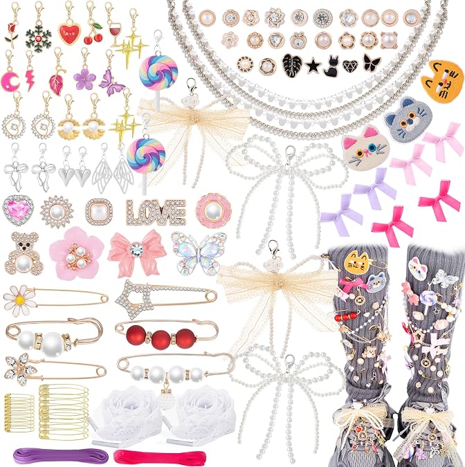 HUISUYTON 104PCS Junk Socks Charms Kit Shoe Charms for Sneakers Sambas Safety Brooches and Pins for Women Bow Pearl Rhinestone Sock Charm for DIY Personalizing Sock Shoes