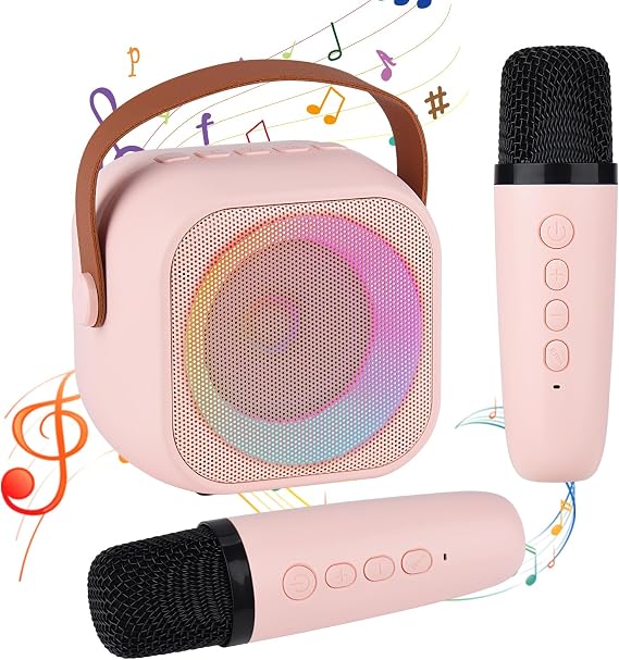 Karaoke Machine for Kids Adults, Mini Portable Bluetooth Karaoke Speaker with 2 Wireless Microphone and Lights,Toys for All Smartphones,Birthday, Family,Home Party Pinkcolor