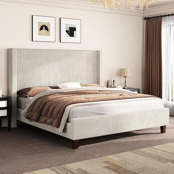 AMERLIFE Queen Size Corduroy Wingback Platform Bed Frame, Cream | Corduroy Material, Wingback Design, Wooden Slats, Solid Wood Legs, Platform Support System