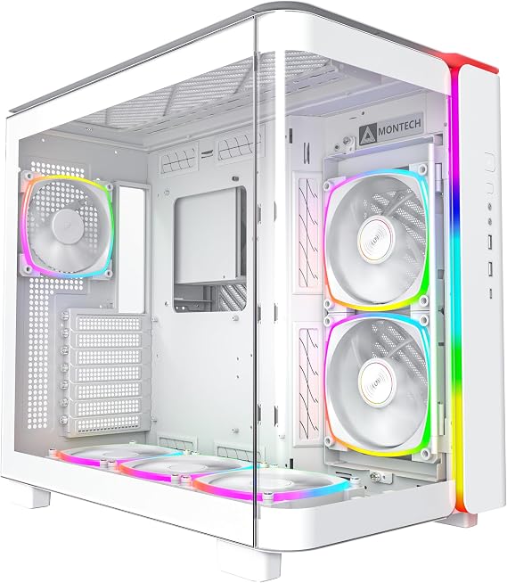 MONTECH King 95 PRO Çift Odacıklı ATX Orta Kule PC Oyun Kasası, Yüksek Hava Akışı, Aletsiz Paneller, Sağlam Kavisli Temperli Cam Ön, Altı ARGB PWM Fan Fan Hub, King 95 PRO Beyaz ABD