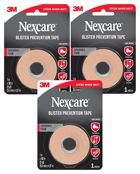 Nexcare Blister Prevention Tape, Waterproof Foam Medical Tape, Latex-Free, Sticks Firmly to Skin to Help Prevent Blisters - 1 in x 5 yds, 3 Rolls of Tape