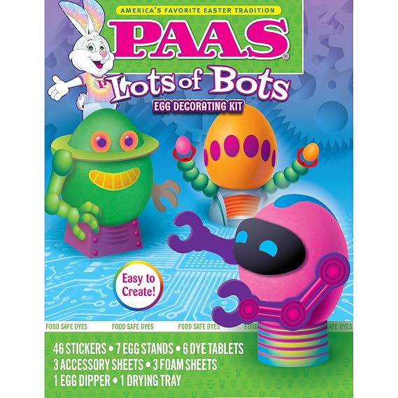 PAAS Lots of Bots Easter Egg Decorating Kit - Create Robot-Themed Eggs with Stickers, Dye Tablets, Foam Sheets, and Egg Stands for Easter Fun with Futuristic Designs