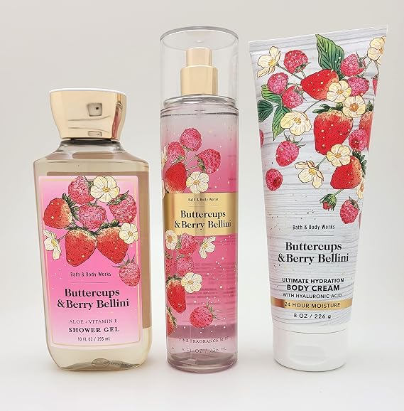 Bath & Body Works Buttercups & Berry Bellini - 3 pc Bundle - Fine Fragrance Mist, Ultimate Hydration Body Cream and Shower Gel - Spring 2022