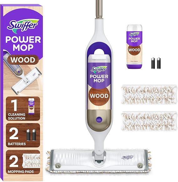 Swiffer Power Mop Wood, Hardwood Floor Cleaner for Mopping Home, Bathroom, Kitchen, All Purpose Multi-Surface Cleaning Set includes PowerMop Wood, 2 Pads, 1 QuickDry Lemon Solution, 2 Batteries