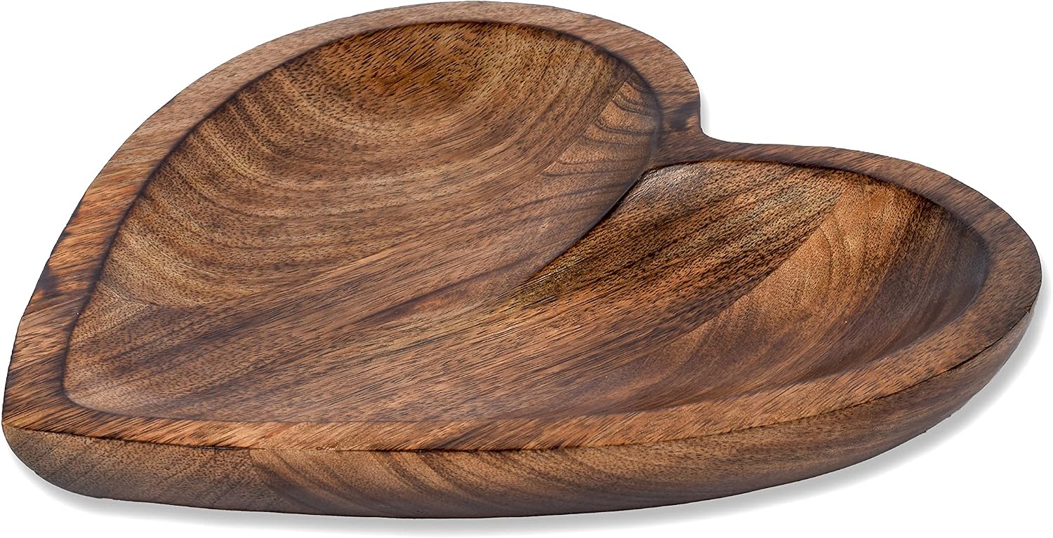 EDHAS Mango Wood Heart Curved Shaped Decorative Bowl for Table Centerpieces Home Party Wedding Décor (25.4cm x 25.4cm x 3.81cm)