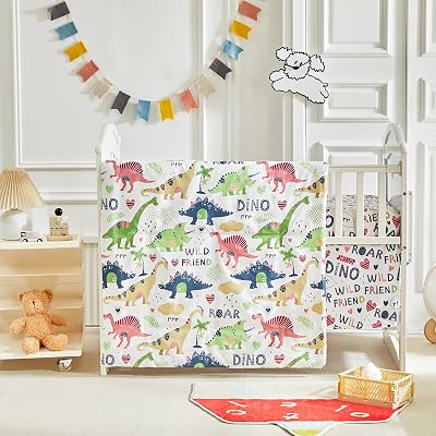 Dinosaur Crib Bedding Set - 3 Pieces White Dino Baby Quilted Crib Comforter with Crib Fitted Sheet and Crib Skirt for Boys Girls Cute Colorful Baby Bed Set with Red Green Brown Navy Dinosaurs