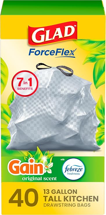 Glad ForceFlex Tall Kitchen Trash Bags, 13 Gallon, Gain Original, 40 Count (Package May Vary)