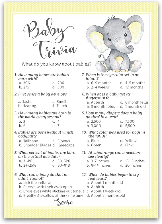 Gender Neutral Baby Shower Games Baby Trivia Game Pack of 25 Yellow Elephant Little Peanut Theme, Fun Facts Couples Shower Activity, Gender Reveal Party G521-TRV