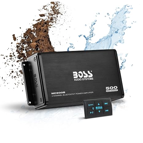 BOSS Audio Systems MC900B 4 Channel Amplifier for ATV UTV Car Marine - 500 High Output, Low Level Inputs, Full Range, Weatherproof, Bass for Subwoofer