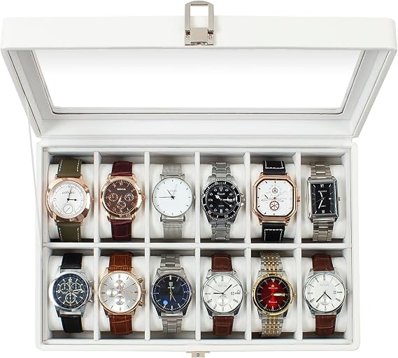 Watch Box with 12 Slots,Watch Storage Box with Glass Lid,Watch Case with Removable Watch Pillows,Metal Clasp,Gift Idea, White Synthetic Leather, White Lining