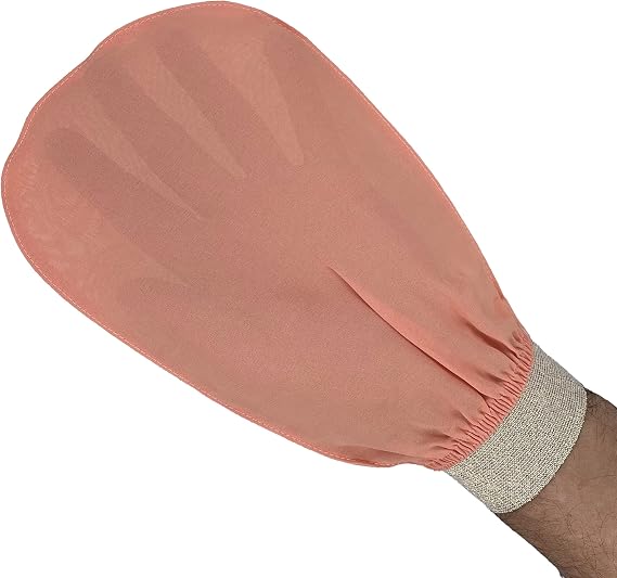 Feel Fine Turkish 100% Plant Silk Exfoliating Glove Set Natural Hammam Shower Bath Mitts for Face & Body, Gentle Scrub Gloves for Women & Men, Ideal for Shower, Bath, Spa (Salmon Pink & Gold)