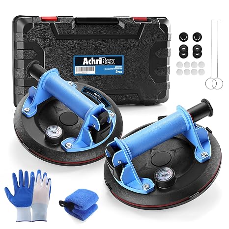 8" Heavy Duty Suction Cups for Glass, 2 Pack 880 lbs Tile Suction Cups with Pressure Gauge to Lift Large Glass, Tile Suction Cup Tool with Carrying Case, for Window, Tile, Glass