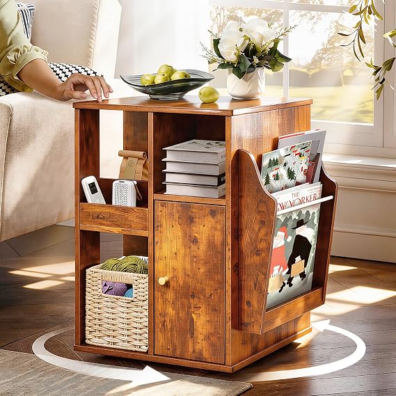 Square Rotating End Table with Storage, 16"D x 16"W x 23.3"H, Rustic Brown
