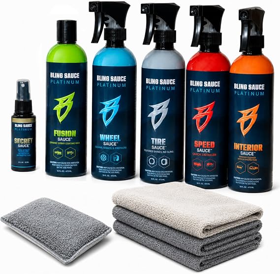 Bling Sauce Essentials 5-Pack Automotive Cleaning & Detailing Kit | Interior and Exterior car care bundle with microfiber towels and sponge for quick showroom shine anywhere