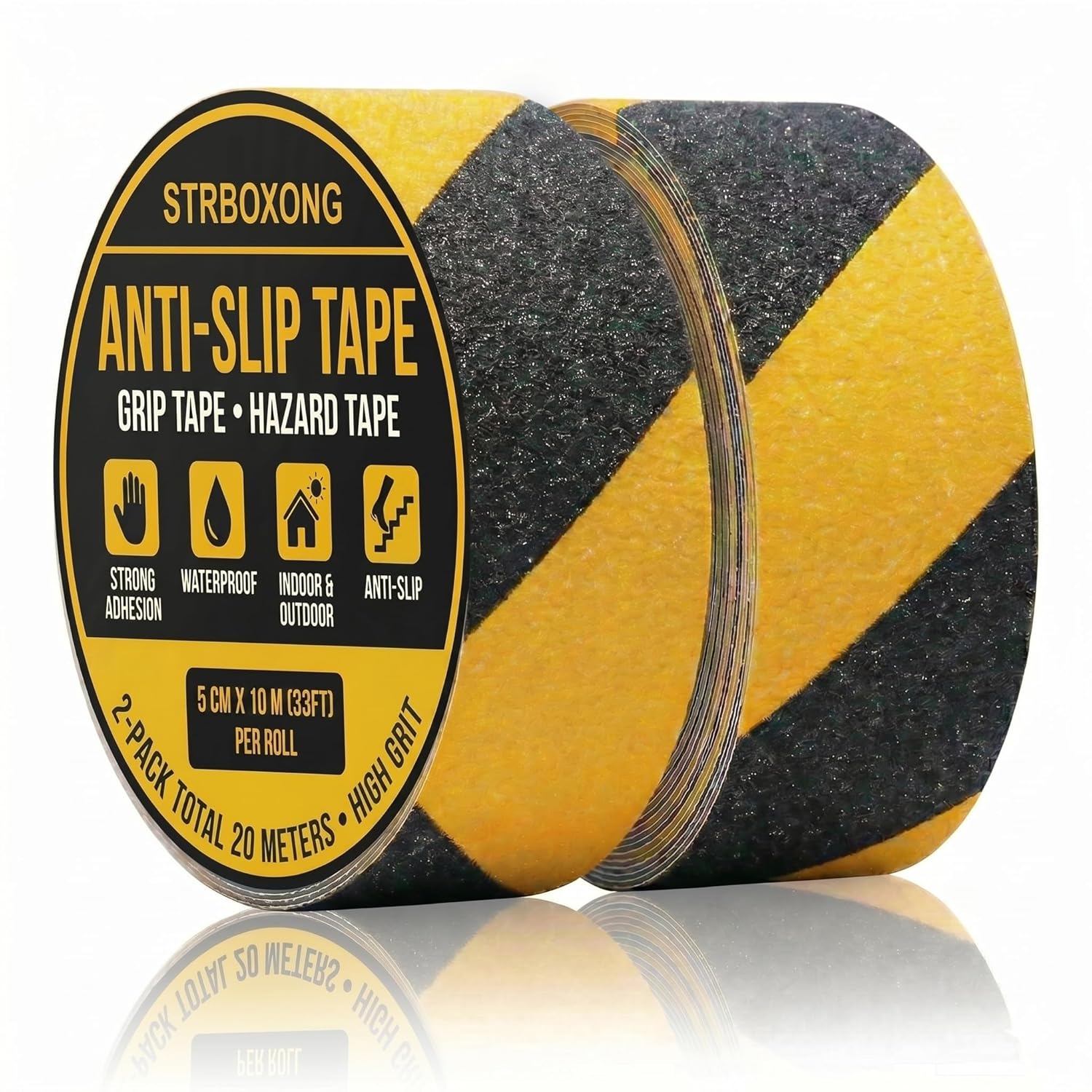 STRBOXONG 2 Rolls Anti Slip Tape, 50mm x 10m Black and Yellow Hazard Tape, High Friction Grip Tape for Stairs, Heavy Duty Non Slip Tape for Outdoor Decking, Ramps &amp; Steps, Waterproof Safety Warning