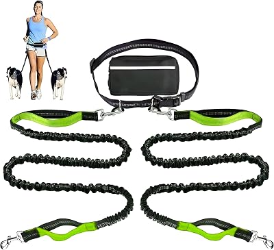 Heavy Duty Hands Free Dog Leash for 2 Dogs Dual Bungee Running Leash with Adjustable Waist Belt, Tangle-Free 360 Swivel, Shock Absorbing, Padded Handles & Zipper Pouch