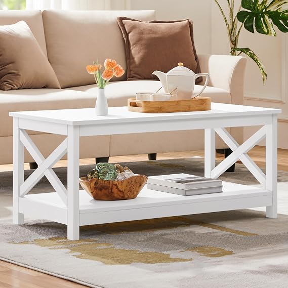 Yaheetech White Coffee Table for Living Room, X-Design Storage Shelf, 39.5"