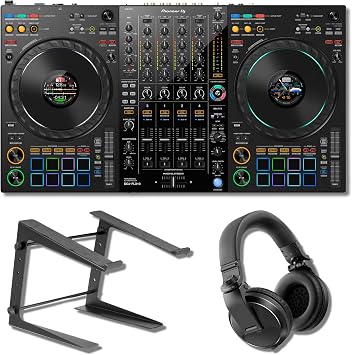 Pioneer DDJ-FLX10 4-Deck DJ Controller Bundle with Pioneer HDJ-X5-K Professional DJ Headphones and On-Stage LPT5000 Laptop Stand | Rekordbox + Serato DJ Pro | Complete Professional DJ Monitoring Setup
