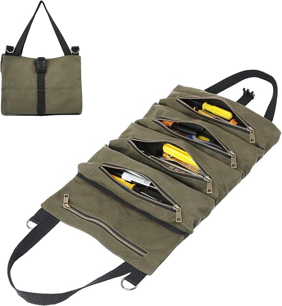 Waxed Canvas Tool Roll Pouch, Multi-Purpose Tool Organize Bag With 5 Zipper Pockets (ArmyGreen)