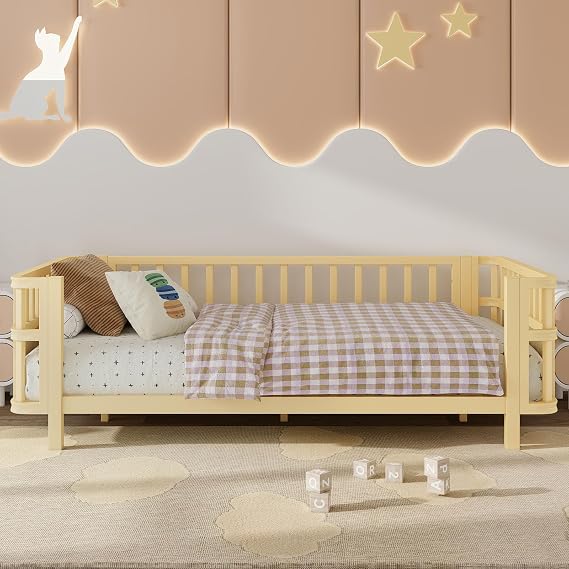 Twin Size Bed Frame with Removable Rails for Kids, Low Montessori Bed with Headboard and Footboard, Wood Kids Daybed for Girls Boys Teens, No Box Spring Needed (Natural, Twin)