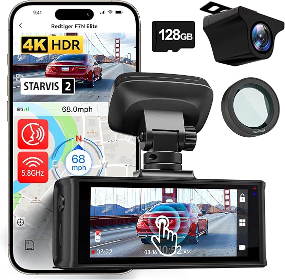 REDTIGER F7N Elite & CPL, 4K HDR Dash Cam Front and Rear, STARVIS 2 Sensor, 5.8GHz WiFi APP, 3.18" Touchscreen, Voice Control, 128G Card Included, WDR, Dash Camera for Cars with GPS