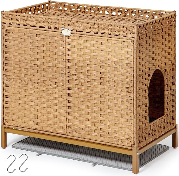 SETVSON Cat Litter Box Enclosure Furniture, Rattan PE Kitty House, Natural