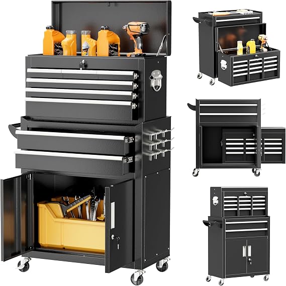 Bonusall Rolling Tool Chest with Wheels, 8 Drawer Metal Tool Cart with Portable Tool Chest and Work Bench, Assembled Tool Box with Drawer and Hooks for Garage, Workshop, Warehouse - Black