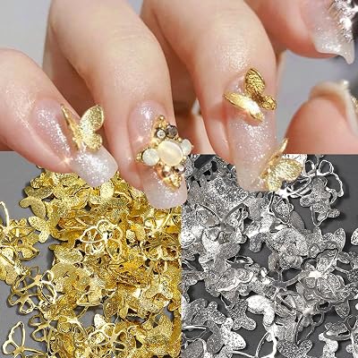 Shiny Alloy Butterfly Nail Charms Gold Silver Butterfly Rhinestones Metallic Nail Art Decorations for DIY Acrylic Nails Gems Daily Manicure Kit Home Salon Use Nails Supplies for Women