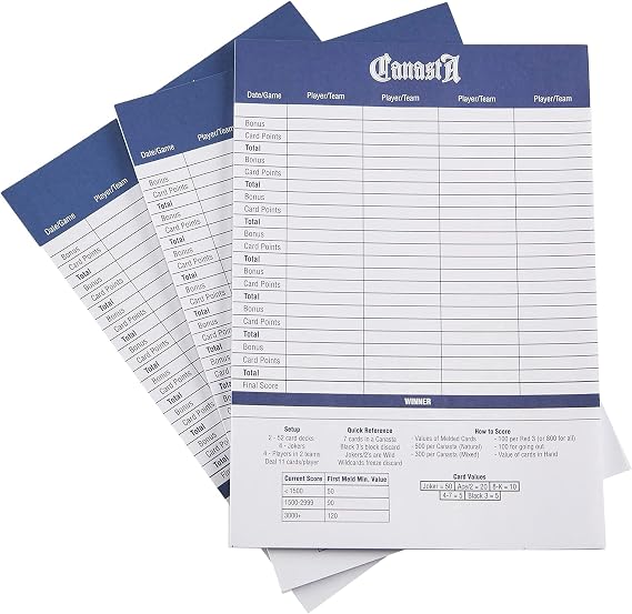 Canasta Scorecards, 75-pack - 7.5" x 5.25" Large Tally Pads for Scorekeeping in Classic Canasta Family Playing Card Game - Score Sheet Record Keeper + Quick Point Reference for 4 Players & Teams