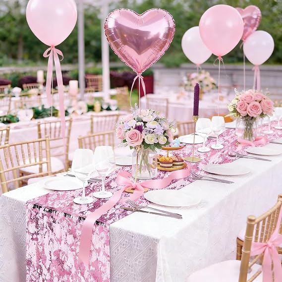Pink Table Runner 11'' x 192'', Metallic Glitter Foil Pastel Pink Thin Mesh Table Runners Roll Sequin Table Decorations for Spring Summer Wedding Bridal Shower Birthday Home Decor